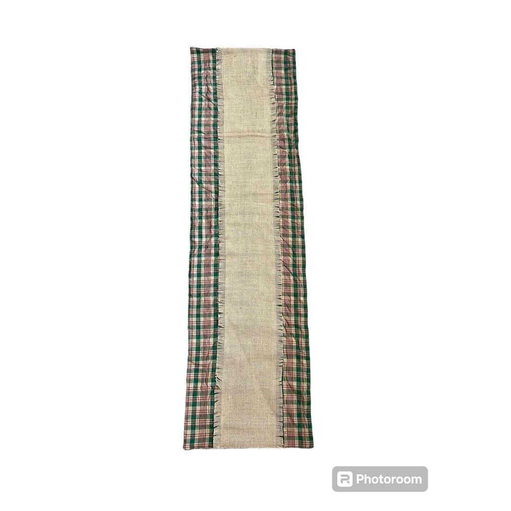 NEW VHC Brands Plaid Cotton Jute Table Runner Decor Fringed Edges 13x47 Inches